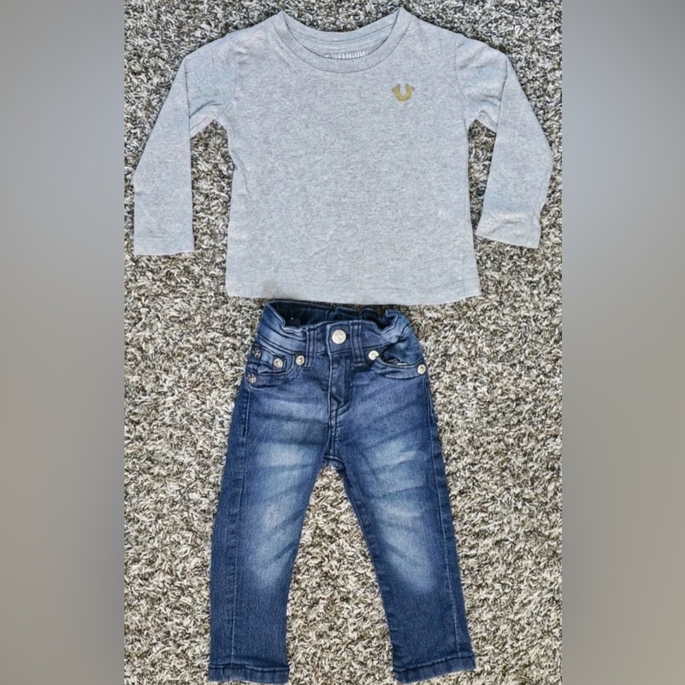 2 Piece True Religion Toddler 18 Month Set ~ L/S Gray Shirt & Relaxed Fit Jeans